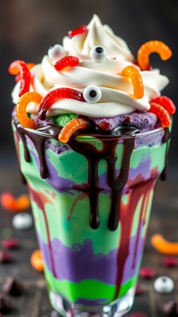 Zombie Ice Cream Sundae Recipe A colorful Zombie Ice Cream Sundae with green and purple ice cream, whipped cream, chocolate syrup, and gummy worms in a clear glass.